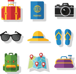 Essential travel gear set for your next adventure, including passport, camera, and map.