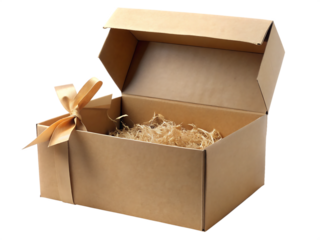 An open brown cardboard gift box with a ribbon and shredded filler isolated on transparent background