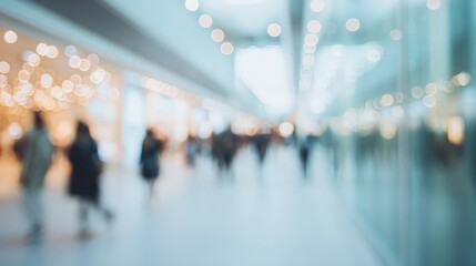 Blurred Background of Shopping Mall Interior with People and Lights for Website Background, Social Media, and Corporate Presentation