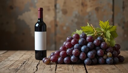 Obraz premium Red Wine Bottle and Grapes on Rustic Wooden Surface
