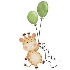 Watercolor style giraffe flying with balloons
