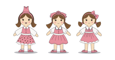 Three cartoon girls in pink dresses, each with different hairstyles and accessories, standing against a white background.