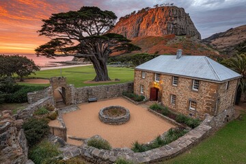 Coastal sunrise over historic stone buildings