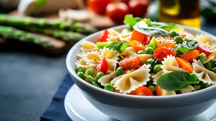 Farfalle pasta salad with tomatoes, peas, basil, and asparagus in a white bowl
