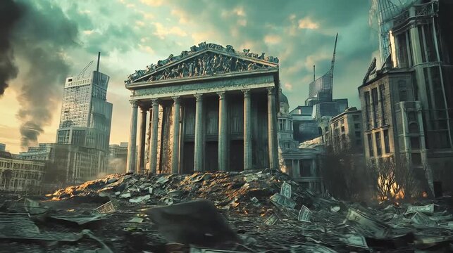 A ruined bank stands in the middle of a devastated city, symbolizing the collapse of the global financial system, economic instability, and the fall of trusted financial institutions.