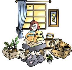 old lady with cat sitting in living room vector illustration