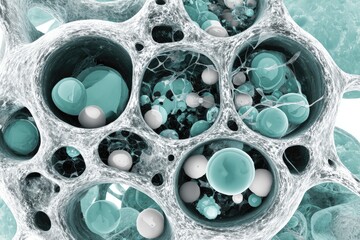 Abstract network of interconnected hollows, filled with translucent spheres