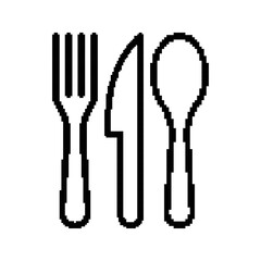 Set of Cutlery templates in pixel art style. Black outline fork, knife, and spoon. Restaurant, food, labels. Isolated on white background.