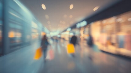 Fototapeta premium Blurred Motion of Shopping Mall Background with Shoppers Carrying Bags for E-Commerce, Advertising and Social Media Visuals