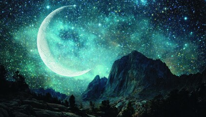 Fototapeta premium Night scene featuring a large crescent moon dominating a star-filled teal sky above dark, jagged mountains and a rugged, shadowy foreground landscape