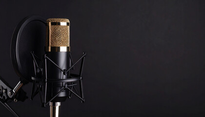 Professional studio microphone with pop filter isolated against a dark black background