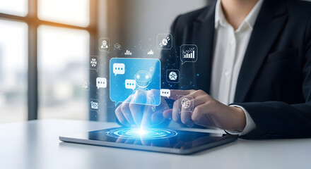 Businesswoman interacts with a digital tablet displaying communication and data visualization elements.