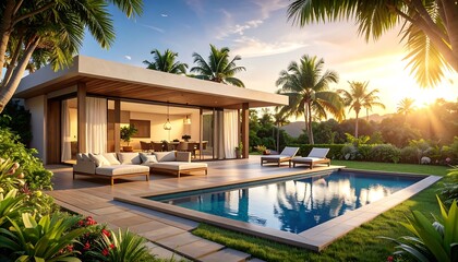 Tropical home with pool at sunset