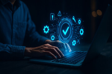 AI generated image shows human hands typing on a laptop with glowing blue holographic interface of gears and digital symbols highlighting data processing and cyber technology