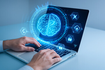 AI generated ultra realistic scene showing human hands interacting with laptop and holographic brain interface representing digital intelligence in a secure high tech environment