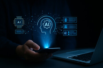 AI generated digital concept showing a human hand interacting with AI through smartphone hologram in cyber blue light illustrating futuristic data exchange