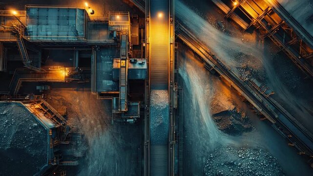 Aerial view of mining site with illuminated machinery and mineral piles