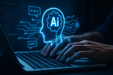 AI generated ultra realistic scene showing human hands typing on a laptop with glowing AI hologram above keyboard representing advanced interaction