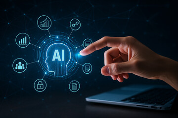 AI generated futuristic hand interacting with glowing holographic AI head surrounded by circular icons representing technology communication and data network