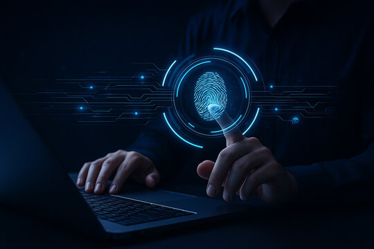 AI generated a hyper detailed scene of a hand scanning through a glowing holographic fingerprint system showing digital connectivity and cyber intelligence in a secure tech environment