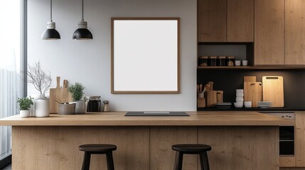 Modern Gourmet Kitchen with Blank Frame for Custom Posters in Bright and Trendy Dining Area