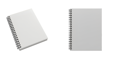 Multiple blank white spiral notebooks arranged on a clean background