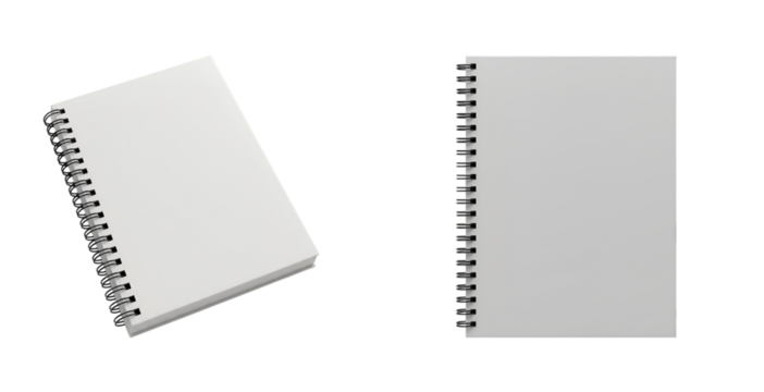 Multiple blank white spiral notebooks arranged on a clean background