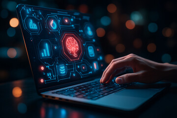 AI generated hand interacting with laptop displaying glowing holographic AI dashboard with brain charts data streams and sci fi elements in a cyberpunk style environment