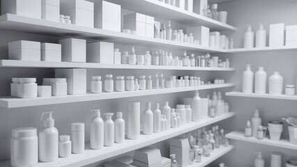 An array of diverse bottles, boxes, and containers displayed on multiple clean white shelves in an organized fashion