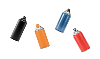 Multiple colorful spray paint cans floating with abstract background