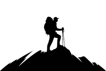 Hiker on mountain peak with trekking poles silhouette