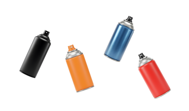 Multiple colorful spray paint cans floating with abstract background - Powered by Adobe