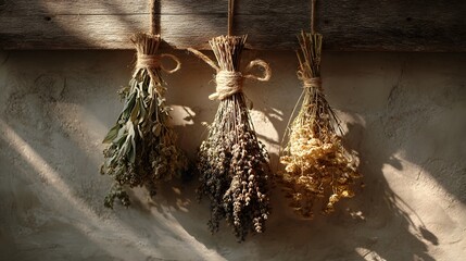 Dried herbs hang from twine against a rustic wall. The scene reflects a gardener lifestyle and slow living, showcasing natural textures and warm lighting.