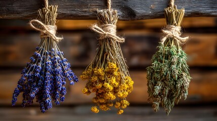 Dried herbs and flowers hang from a wooden beam. The bundles include lavender, yellow flowers, and green herbs, showcasing a gardener's lifestyle and slow living.
