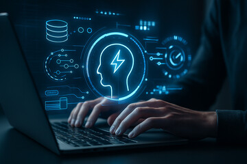 AI generated futuristic concept showing human typing with holographic interface and glowing brain icon representing analytics energy and digital intelligence