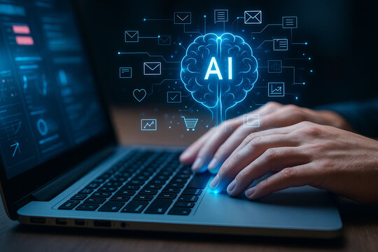 AI generated image showing hands typing on keyboard with glowing blue AI brain hologram surrounded by icons representing technology finance health and communication in digital future scene