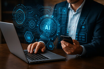 AI generated image of a businessman using laptop and smartphone surrounded by glowing holographic interface showing gears lock and data streams in a futuristic office atmosphere