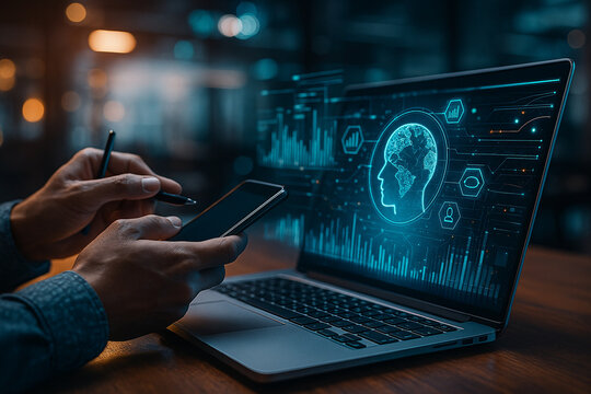 AI generated ultra realistic image of hands interacting with smartphone and laptop surrounded by glowing holographic data and global analytics in a futuristic dark office