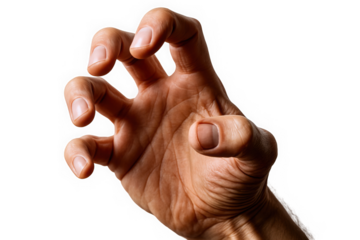 A close-up of a male hand with a light skin tone, exhibiting a claw-like gesture against a black background.