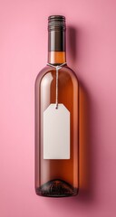 Glass bottle with a brown tint and dark cap, featuring a blank white tag hanging from its neck against a solid pink backdrop