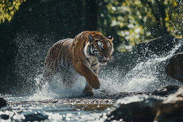 Majestic tiger wading through stream, creating splash of water in nature
