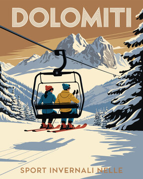 Vintage travel poster of Italy&rsquo;s Val Gardena ski resort showing snowy Dolomite summits, evergreen woods, alpine lodge architecture, joyful skiers on powder slopes, crisp winter wonderland in retro gra