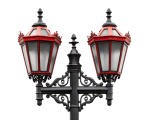 Ornate streetlight features two red lamps atop a dark, decorative wrought iron pole on a transparent background for versatile designs.