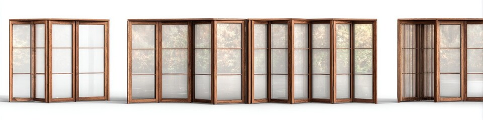 Multiple sets of light brown wooden sliding doors with frosted glass