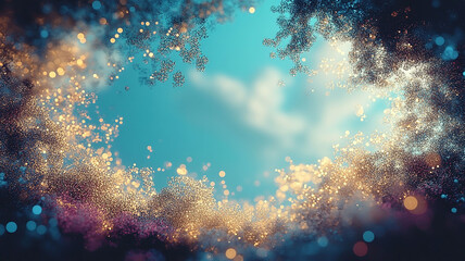 Fototapeta premium Golden and blue glowing border. Fantasy sky with magical dust.