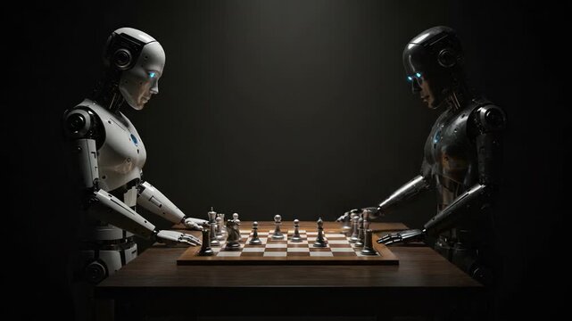 Two Advanced Robots Engaged in a Strategic Game of Chess, Showcasing the Intersection of Technology and Competition in an Intense Standoff of Minds