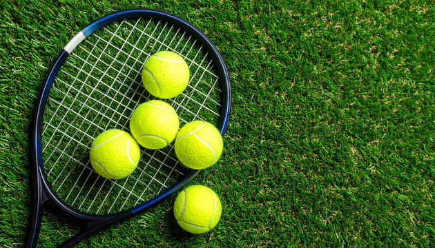 Overhead view of tennis racket and bright yellow tennis balls on lush green grass