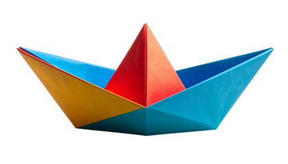 Colorful origami boat crafted from folded paper, designed in a sticker-style with clean edges and subtle shadow, fully isolated on a transparent PNG background.
