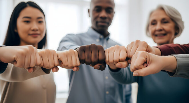 Diverse group of people uniting in a fist bump, showing solidarity and collaboration.