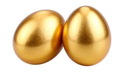 Two golden chicken eggs with smooth, shiny surfaces and warm metallic tones, realistically rendered and fully isolated on a transparent PNG background